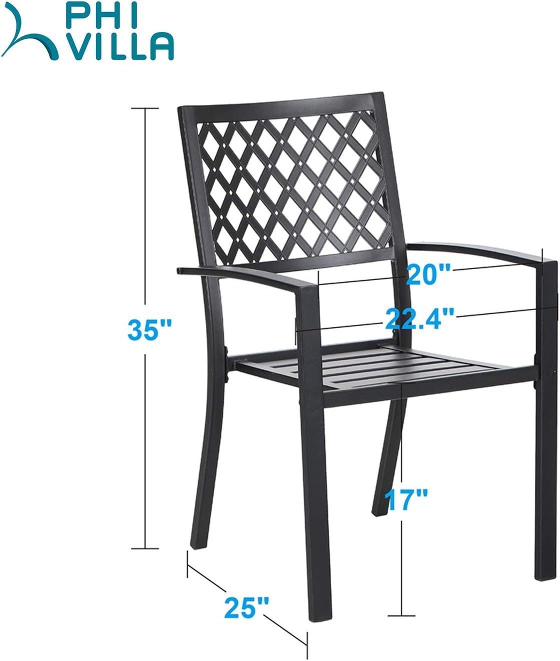 Diagram showing the dimensions of the PHI VILLA Metal Outdoor Dining Chair.