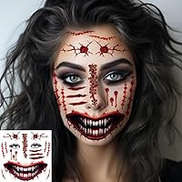 Vista 4 de 5 hojas de tatuajes faciales aterradores de Halloween + 1 hoja de tatuaje de cicatrices falsas, tatuaje de boca sangrienta, maquillaje de zombi
