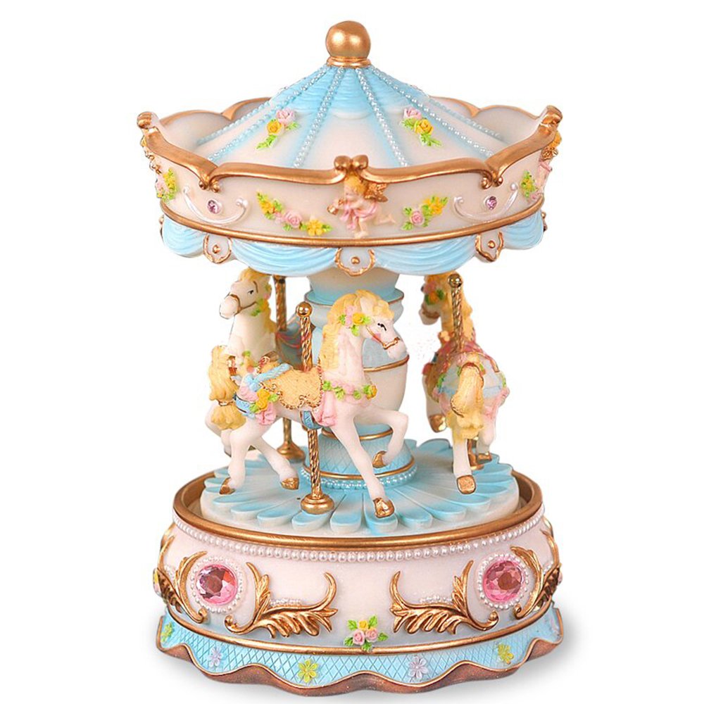 Laxury 3-Horses Carousel Music Box with LED Lights Polyresin Material, Play The Castle in The Sky (Blue)
