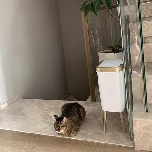 Miniatura 6 de Yatgowell Cubo de basura dorado para baño, delgado con tapa, cubo de basura de cocina de 4 galones con patas, moderno bote de basura blanco de