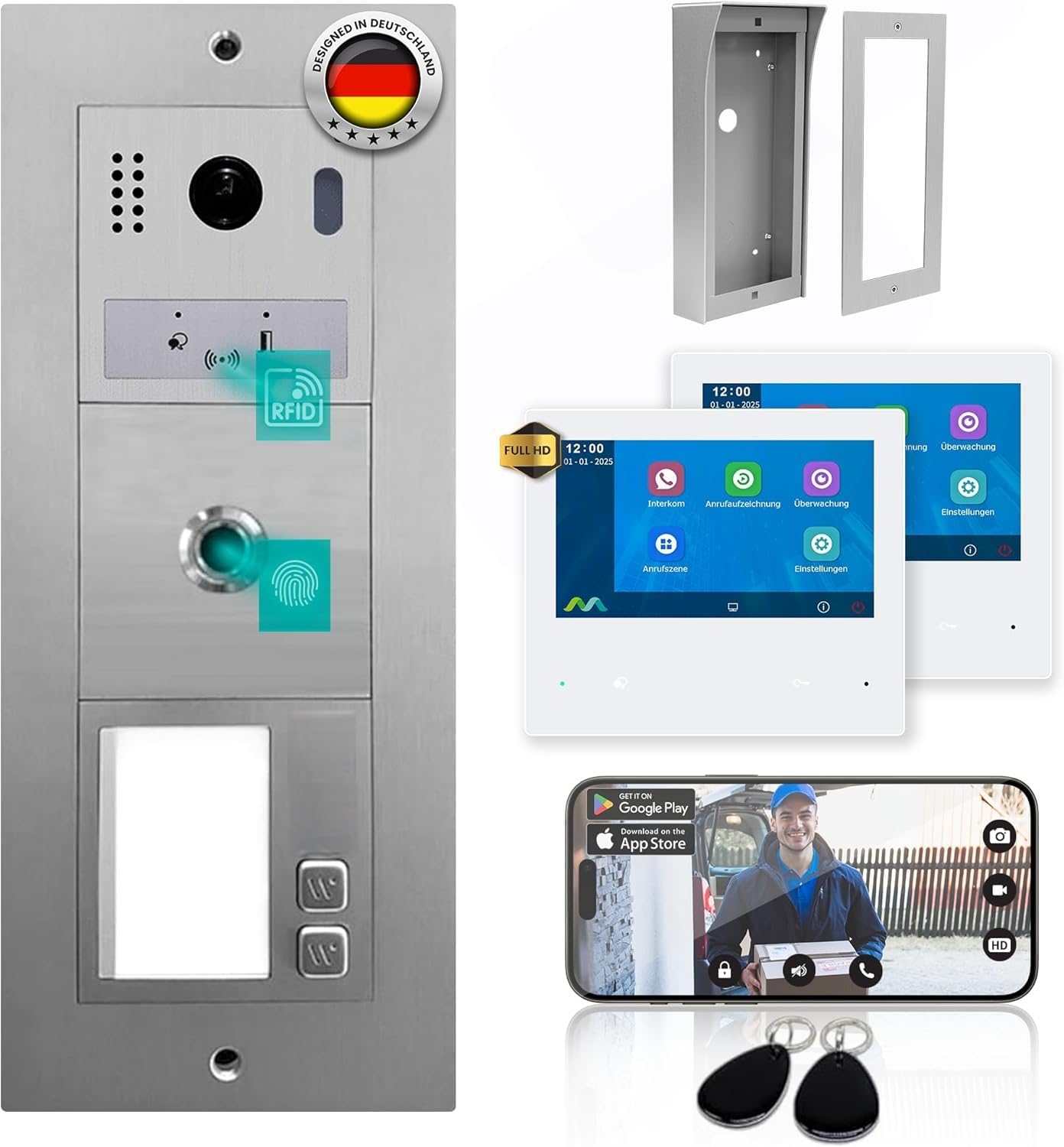 MATHFEL Video Türsprechanlage für 2 Familienhaus mit 2 Jahren Garantie - 7-Zoll 2 Megapixel Full HD Kamera mit Weitwinkel und Fingerprint - Türklingel mit Kamera 2 Familienhaus