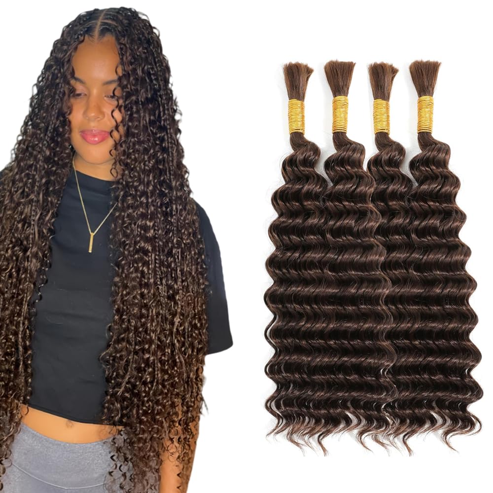 #4 Chocolate Brown Color Boho Braids Human Hair Extension 200g 4 Bundles/pack Wavy Soft Sliky Natural Deep Wave Human Braiding Hair For Women 14 14 14 14 Inch