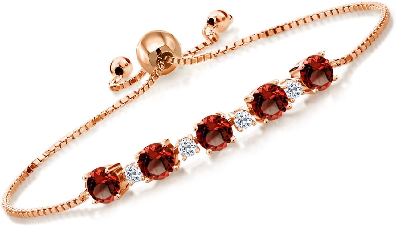 Gem Stone King 18K Rose Gold Plated Silver Gemstone Birthstone and White Topaz Adjustable Bolo Tennis Bracelet for Women | Round 5MM & 2.5MM | Easy-On Easy-Off | Fully Adjustable Up to 9 Inch