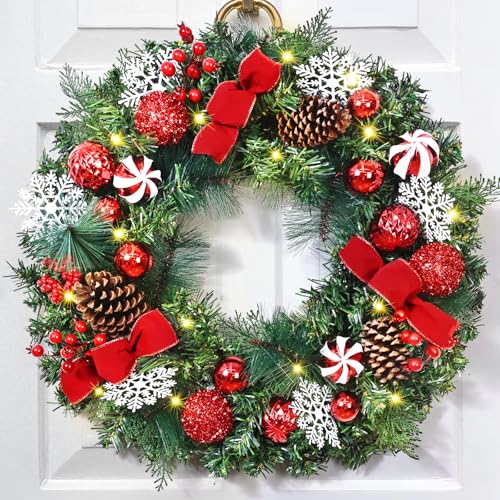 Yastouay 18'' Christmas Wreaths for Front Door, Christmas Wreath with Bow Berries Cones Pine Needles, Christmas Door Wreath for Home Door Wall Party Christmas Decorations