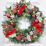 Christmas Wreaths for Front Door - 18'' Christmas Wreath with Lights Bow Berries Cones Pine Needles, Christmas Door Wreath for Home Door Wall Party Christmas Decorations
