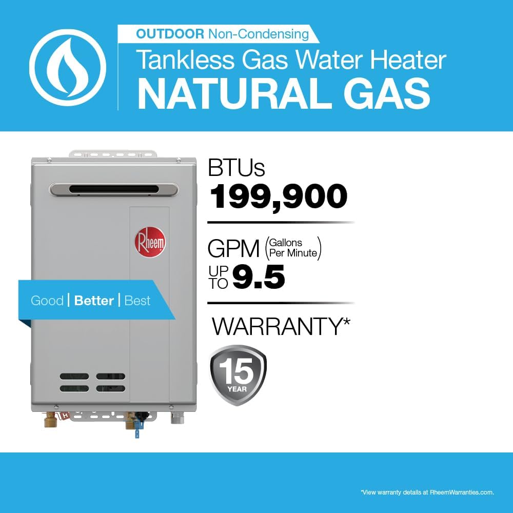 Rheem RTG-95XELN-3 High Efficiency Non-Condensing Outdoor Tankless Natural Gas Water Heater 9.5 GPM with WiFi, 199,900 BTUs