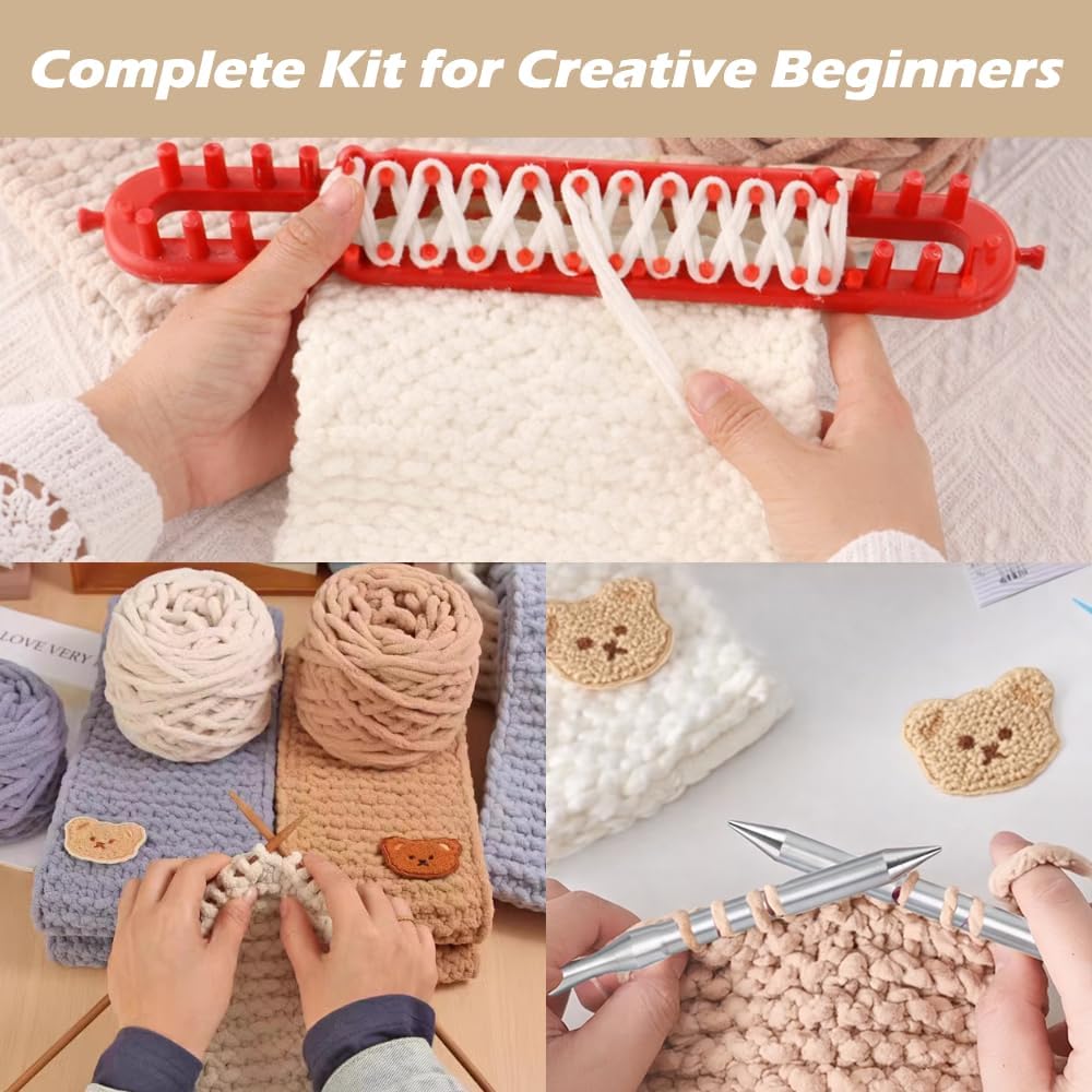 Novelchet Knitting Loom Kit for Beginners,Rectangle Loom with Plush Yarn, Learn to Knit Set for Scarf with Step by Step Video Tutorial