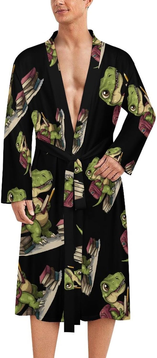 Dinosaur Book Men's Robe Soft Bathrobe V Neck Loungewear Sleepwear Nightgown Dressing Gown