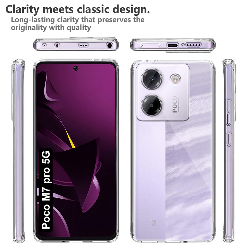 Image of Fashionury Crystal Clear Case for Poco M7 Pro 5G | Yellowing Resistance | Transparent TPU Silicone | Raised Camera Lips | Slim Transparent Cover