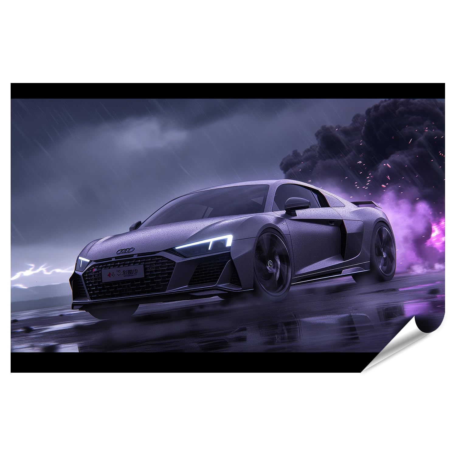 islandburner Póster XXL de color gris R8 en la tormenta con flash y humo para garajes, amantes de los coches, concesionarios de coches, imágenes de alta calidad, impresión fotográfica