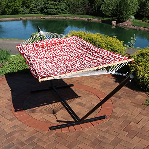 Sunnydaze Rope Hammock With Stand Combo - 275-Pound Capacity - Includes 12-Foot Hammock Stand, Spreader Bar, Pad, And Pillow - Royal Red #TOP1