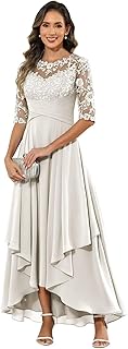 Tea Length Mother of The Bride Dresses for Women Lace Appliques Chiffon Ruffled Wedding Guest Dress with Sleeves