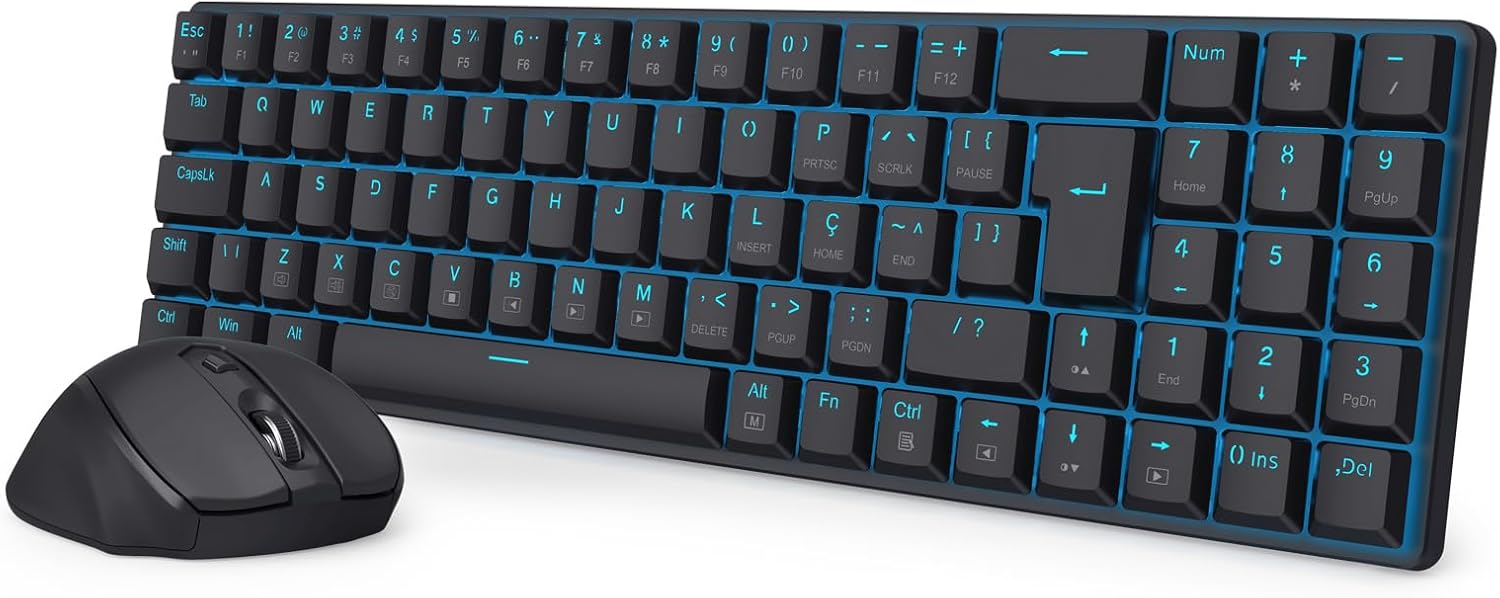 Kit Mouse e teclado mecânico sem fio Redragon Office Preto LED Azul BS-8772 BK