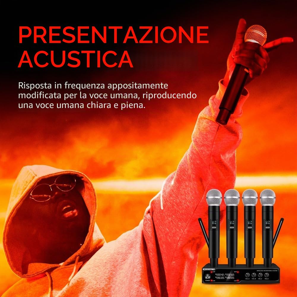 VM304 Audio Microfonico Wireless A 4 Canali Microfono Portatile Portata 80M per Karaoke Canto Set Portatile Spina UE