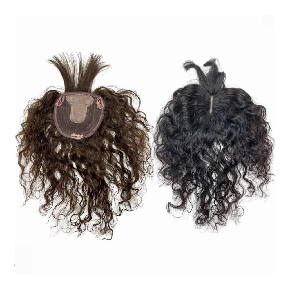 12 x 14 cm Silk Base Hair Topper For Women with Thinning Real Human Piece, Long Curly Wavy Clip in Hairpiece Extensions (Dark Brown, 30 cm)