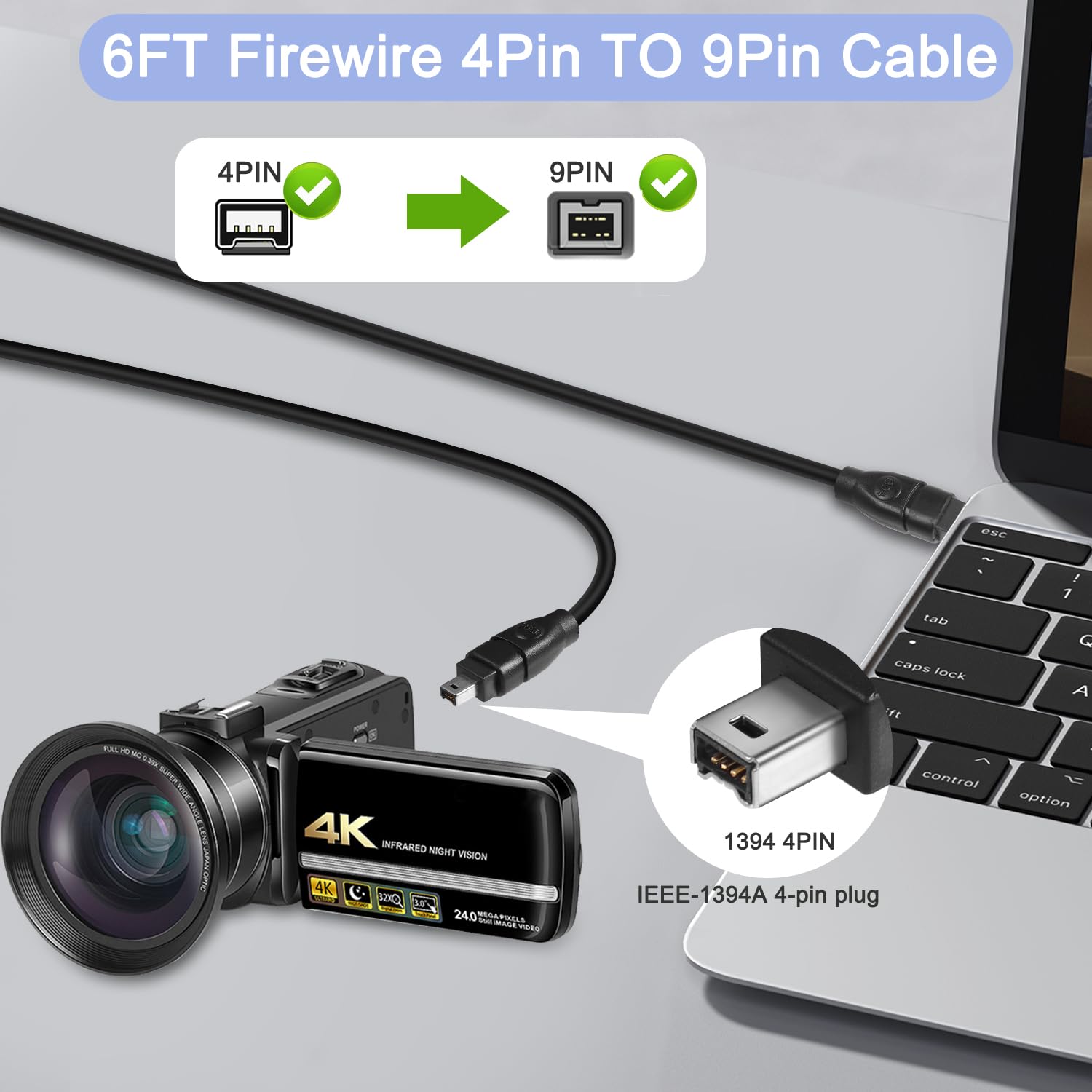 6FT Cavo Firewire 400, cavo adattatore IEEE 1394 Firewire da 9 pin maschio a 4 pin maschio Cavo Firewire DV per stampante, PC, scanner, videocamera (9PIN a 4PIN)
