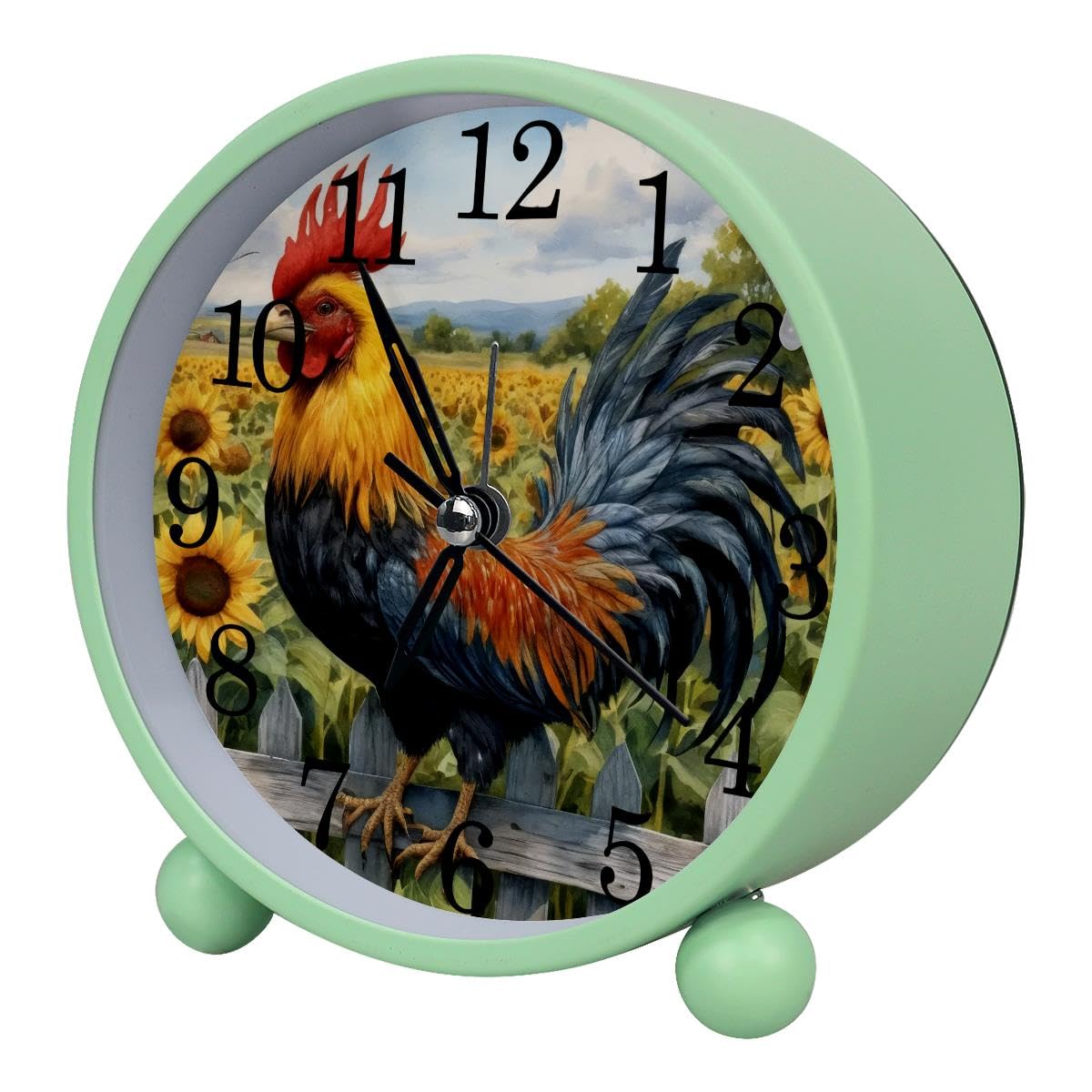 Alarm Clock Sunflower Rooster Fence, Silent Non-Ticking with Night Light
