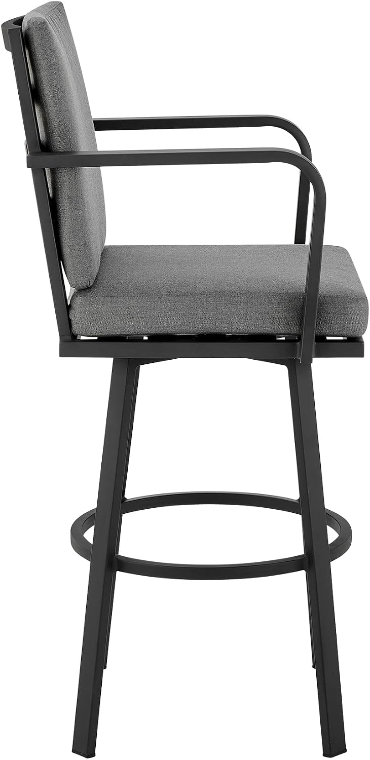 Don 30" Outdoor Patio Swivel Bar Stool in Black Aluminum with Grey Cushions