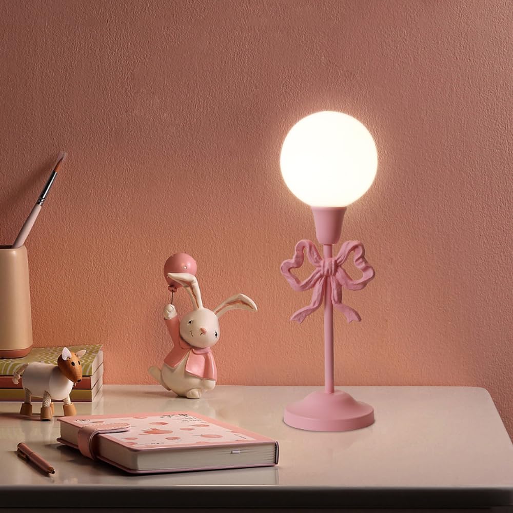 Lampa stołowa Mid Century Różowa kokardka Urocza lampa stołowa Pokój dla dziewcząt Mleczno-biała kula Dziecięca lampka nocna Lampka nocna Vintage Princess End Lampka na biurko dla dzieci Sypialnia