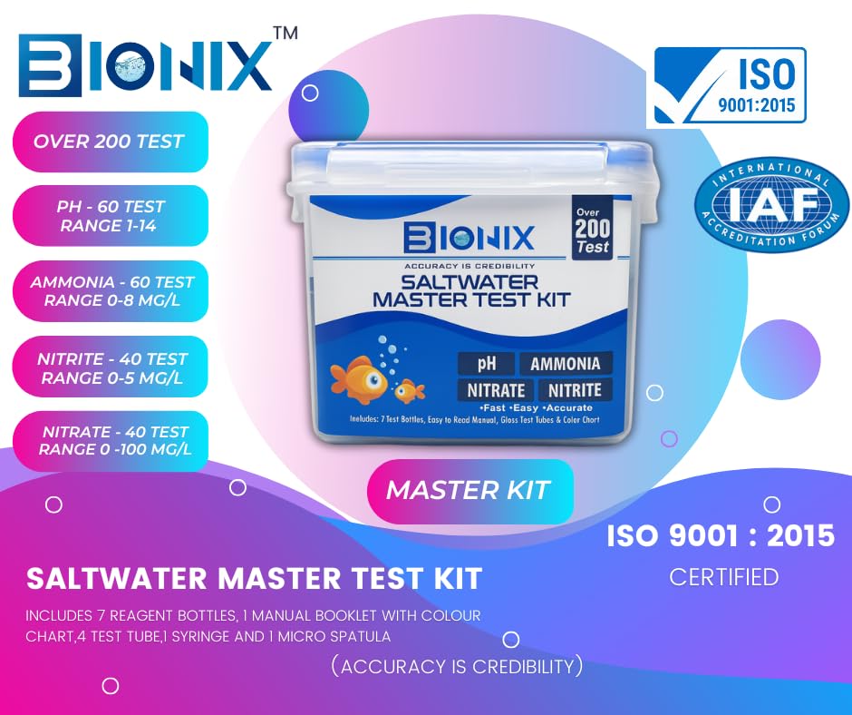 Image of BIONIX Saltwater Master Test Kit (200 Tests) | ph Ammonia Nitrite & Nitrate Test kit for Aquarium.