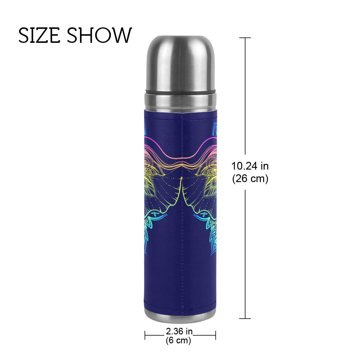 Thermosflasche für unterwegs, vakuumisoliert, Edelstahl, doppelwandig, auslaufsicher, bunt, ethnisch, Elefant, Mandala, personalisierbar, bedruckt, echtes Leder, 500 ml