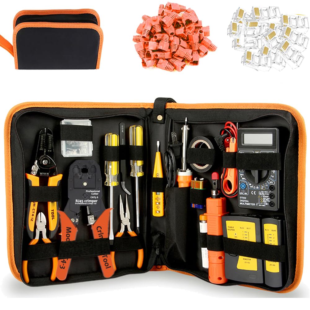 LEATBUY - Kit de herramientas de crimpado Cat5 RJ45 Cat5e/Cat6 para crimpadora RJ11/RJ12 con 50 conectores, 50 cubiertas de cable de red (amarillo)