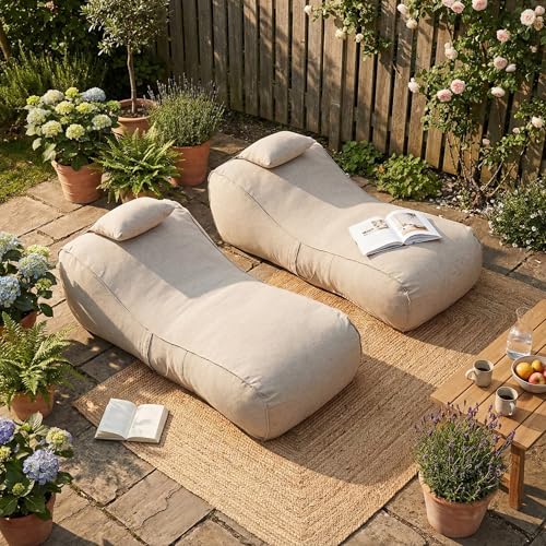 Merax Outdoor Bean Bag Chairs with Headrest Set of 2, 71' Lounger Chair for Adults Bean Bag Bed with Foam Filled for Patio Pool Balcony & Desk, Beige Fabric Outside Beanbag Chair, Beige