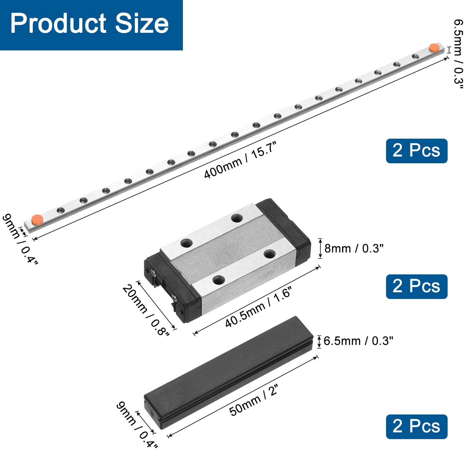 sourcing map 2 guide lineari MGN9 da 400 mm con 2 cuscinetti MGN9H in acciaio e 2 mini guide lineari MGN12 in plastica per stampanti 3D fai da te e macchine CNC, argento