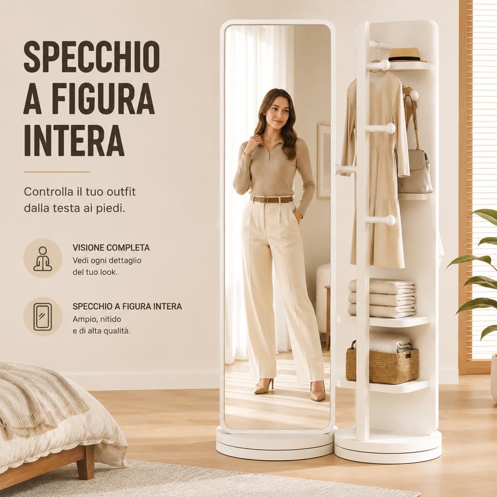 Shally Dogan Specchio Guardaroba Rotante con Struttura Bianca in Legno, Appendiabiti Attaccapanni da Ingresso, Camera da Letto e Ufficio Girevole con Ripiani, Decorazione Interni 170 x 45 cm