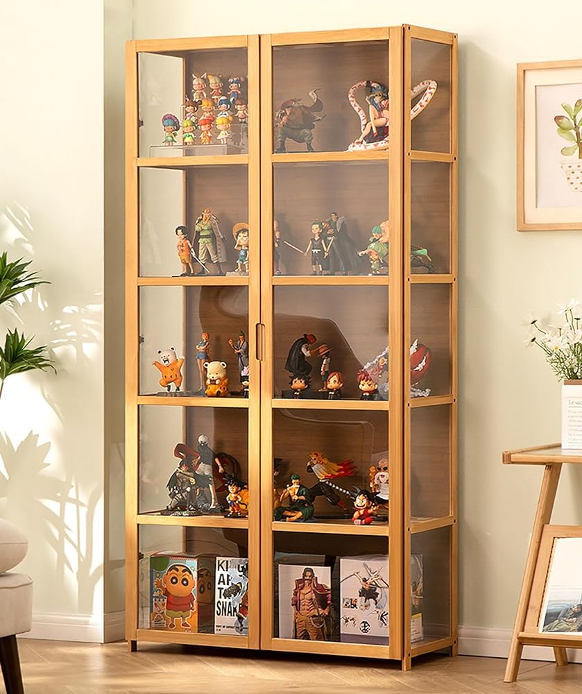 Armadietti curio con ante in vetro vetrina, vetrina curio con telaio in bambù naturale, design sicuro e sano a doppia porta per un comodo sgabello (dimensioni: 32,5 N/82 cm/5F, colore: bianco)