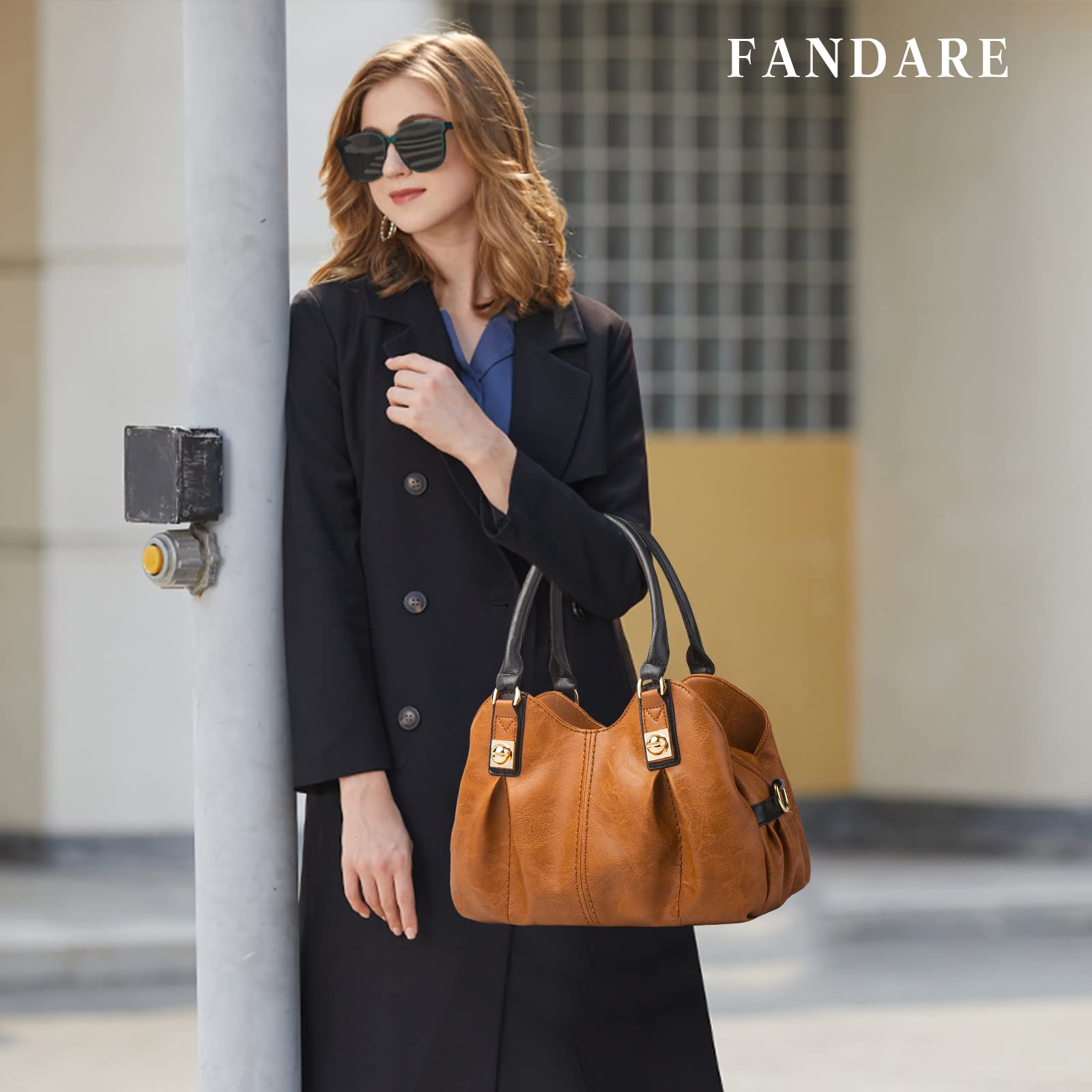 FANDARE - Bolso de mano retro para mujer, bandolera, impermeable, bolsa de piel suave, bolsa de hombro para 4 piezas para viajes y trabajo, marrón, large, Retro