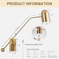Vista 7 de Lámpara de pared con brazos oscilantes dorados, luz de lectura, apliques modernos, ajustable, para montaje en pared, para mesita de noche, sala