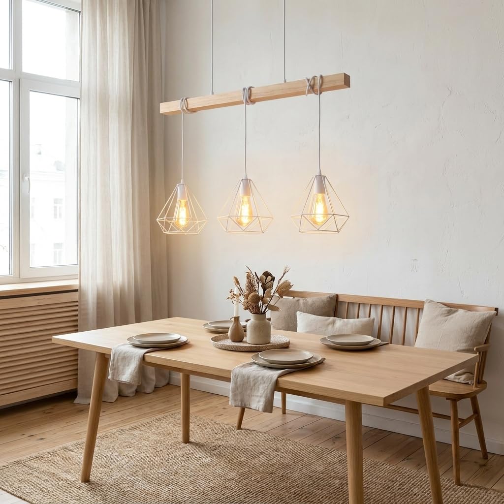 Alpinaluz Lámpara Colgante Lineal 3 Luces 75 cm de Madera Natural con 3 Pantallas de Jaula Metálica Blanca, 3x E27 y Altura Ajustable, Estilo Nórdico para Isla de Cocina, Comedor o Salón