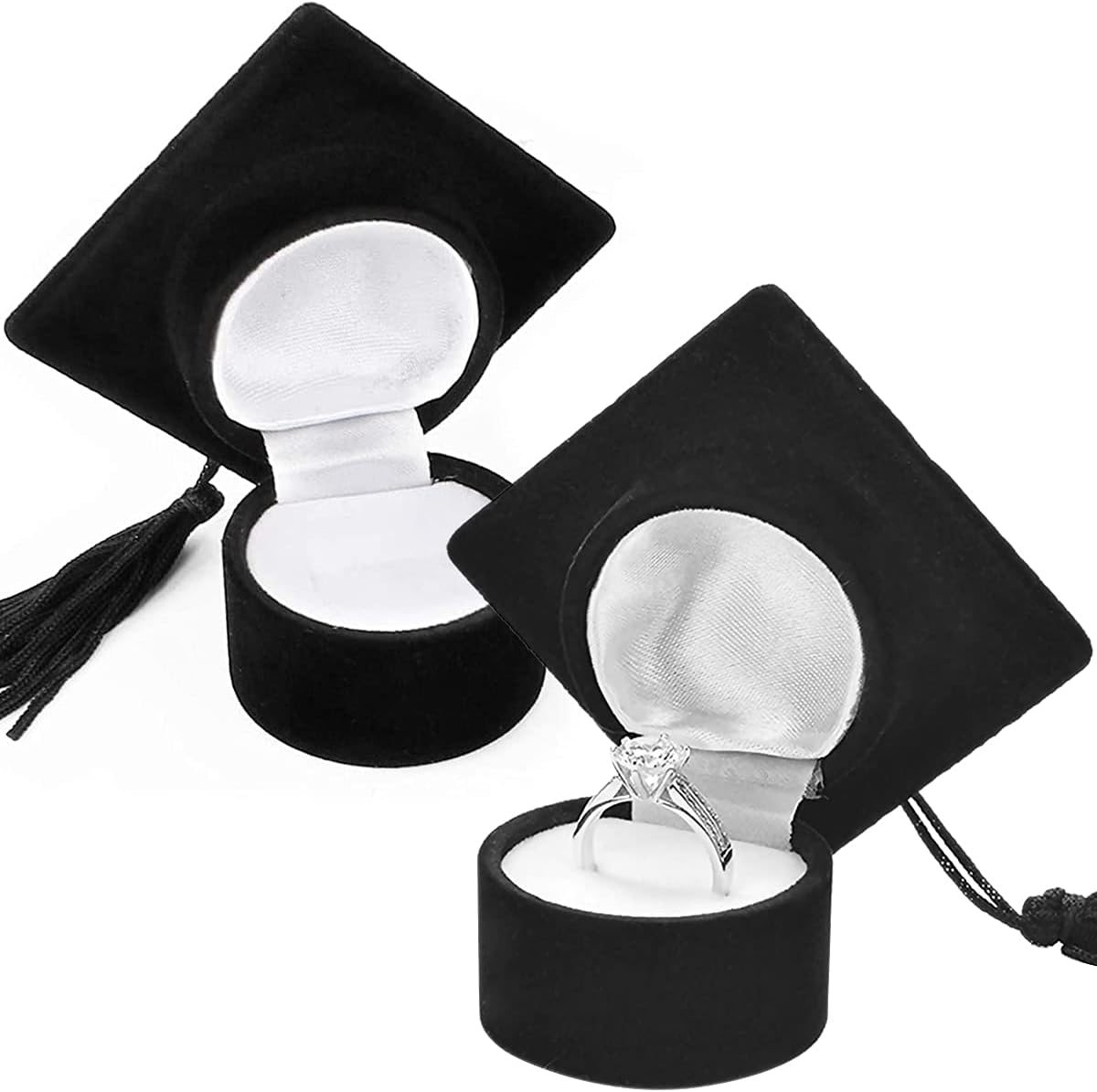 NC Bachelor's Hat Box Jewelry Ring Holder, 2Pcs Creative Ring Box Jewellery Box Hat Design with Tassels for Degree Graduation Ceremony Wedding Birthday Holiday