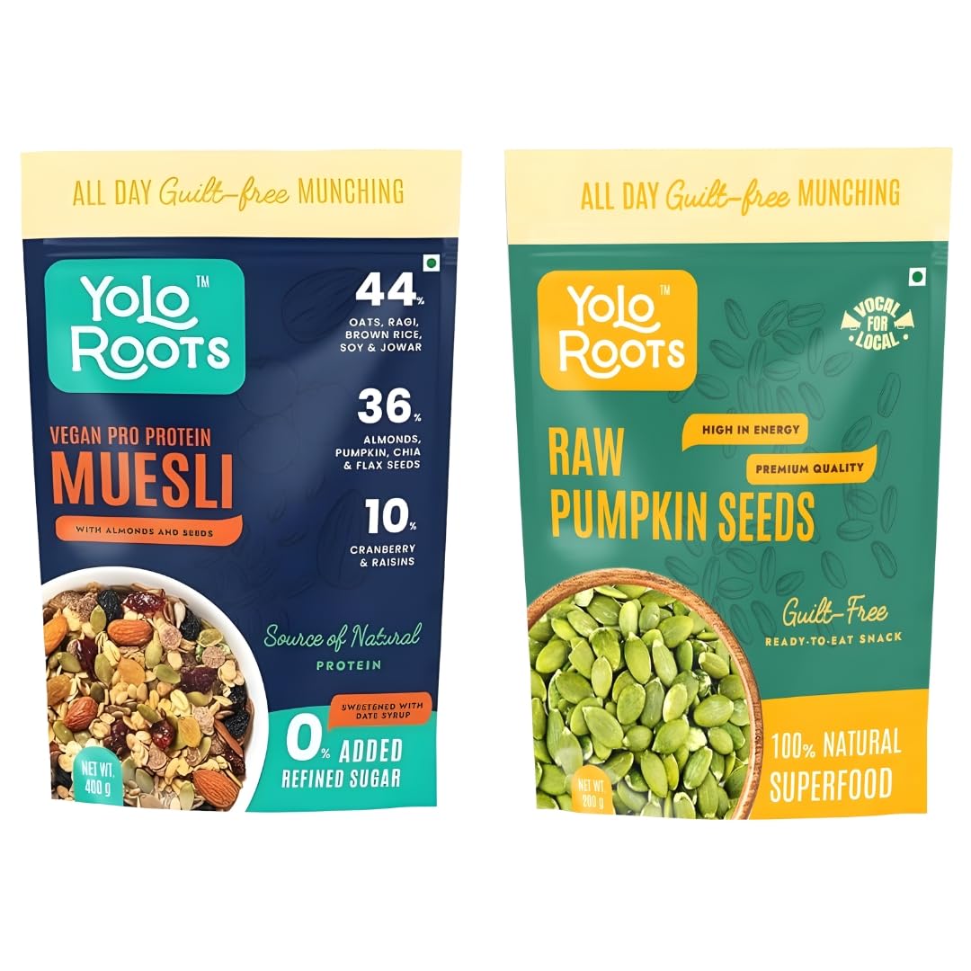 Yolo Roots Vegan Pro Protein Muesli 400g + Raw Pumpkin Seeds 200g Combo | 16g Protein Multigrain Fruit Nut Muesli, No Added Sugar, Gluten Free Breakfast Cereal & Healthy Seed Snack (Pack of 2)