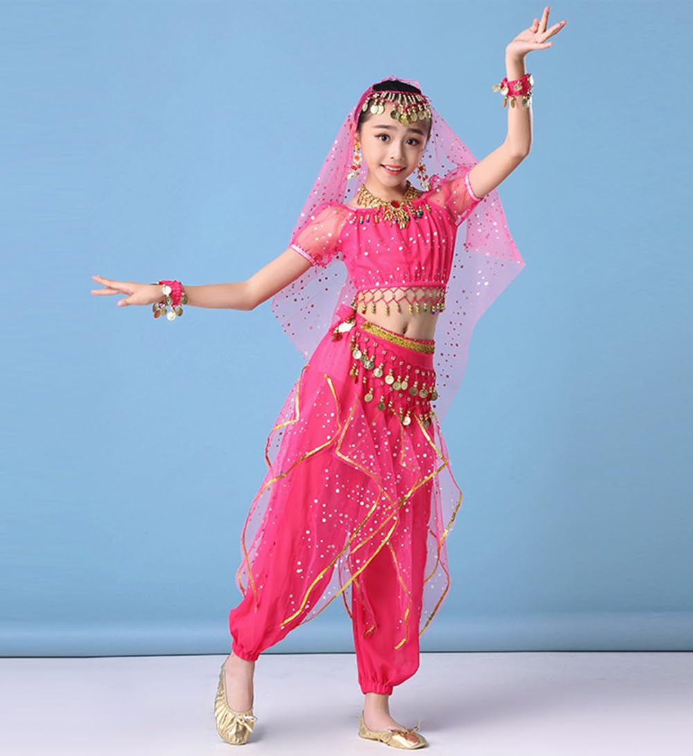 Dziewczęce indyjskie kostiumy do tańca brzucha, dzieci Cosplay Bollywood Halloween karnawałowy strój taneczny, zestaw 7 sztuk