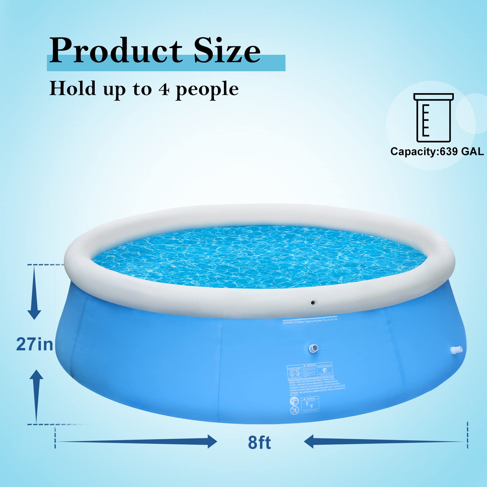 Decorlife Inflatable Above Ground Pool, 8ft x 27in Swimming Pool for Family, Sturdy Pool for Backyard, Easy Setup, Blue