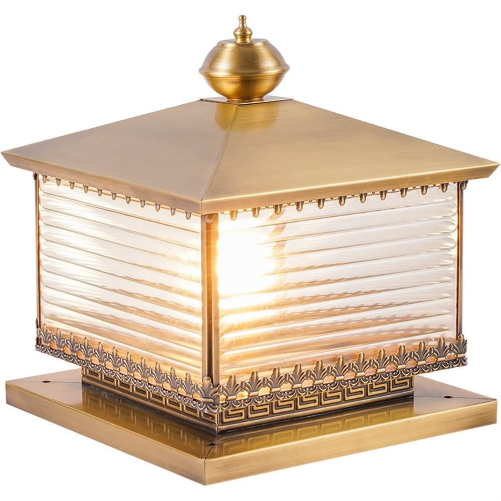 HELCEKOU Outside Post Cap Light Striped Glass Shade Pillar Lamp Luxury Column Lighting for Garden Backyard Courtyard Patio Porch(Large)