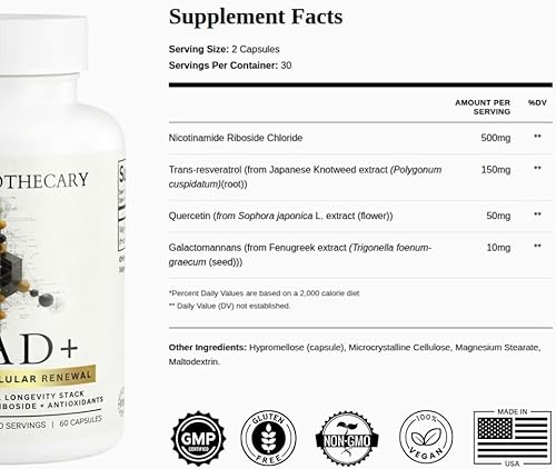 Miniatura 3 de Dear Apothecary Fórmula de longevidad NAD+ - 500 mg de ribósido de nicotinamida con trans-resveratrol y quercetina - Apoya la energía celular, el