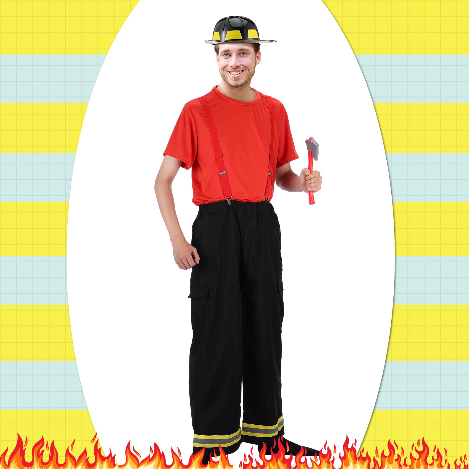 Hicarer Feuerwehrmann-Kostüm für Herren, Feuerwehrmann, Helm, Axt, T-Shirt, Hose mit angenähten Hosenträgern, Halloween, Cosplay, Outfit, 5-teilig