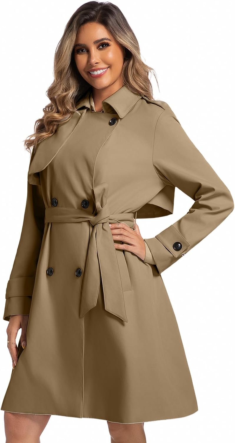 Women's Long Trench Coats Classic Double Breasted Jackets Water Resistant Turn Down Collar Belted Jacket - Image 2