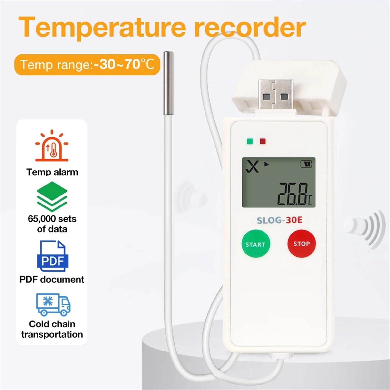 datenlogger Temperaturdatenlogger -30 °C bis 70 °C, 65.000 Messpunkte, mit NTC-Sensor for die Kühlkette(SLOG-30E)