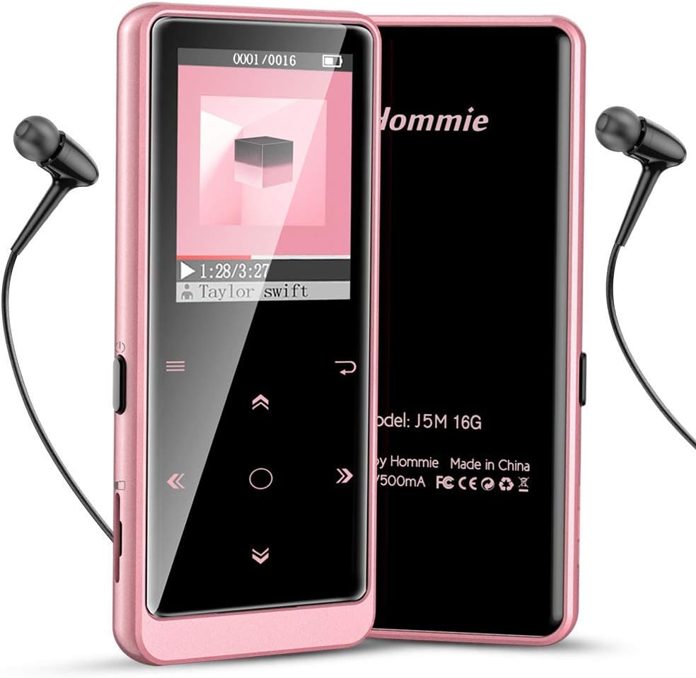 Hommie 16GB Bluetooth MP3 Player with FM/Recording, Lossless Sound HiFi MP3 Player Metal Touch Button Music Player with Independent Volume Control, Supports up to 128GB, Rose Gold