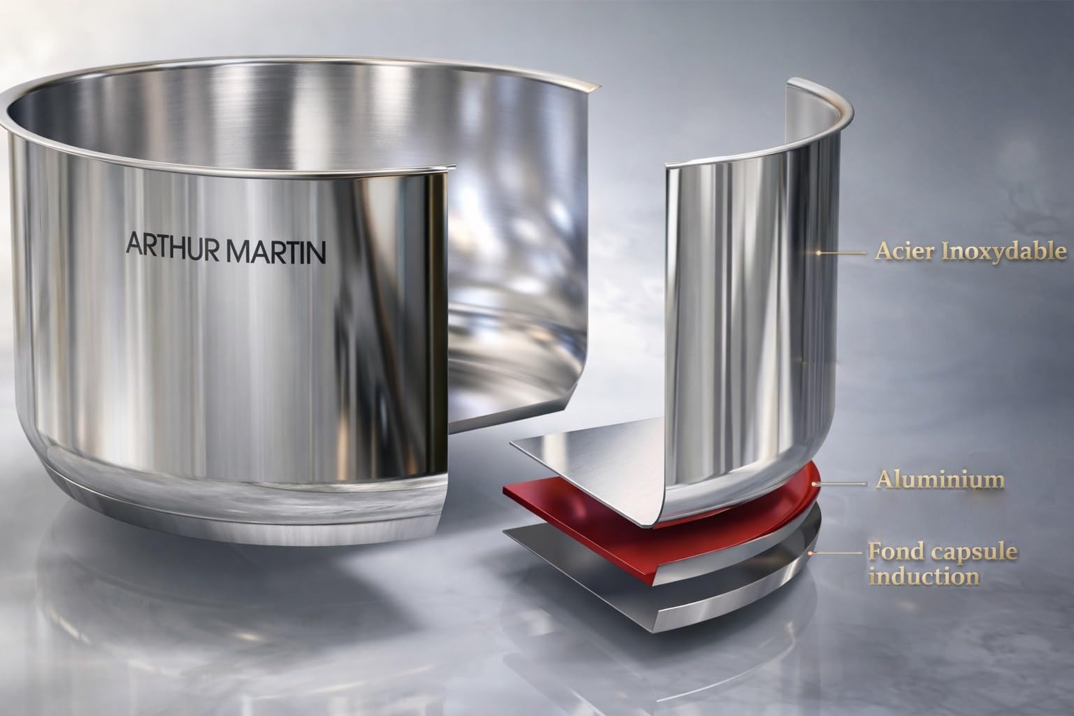 Arthur Martin - Batería de Cocina 10 Piezas Acero Inoxidable 18/10 - Apta Inducción - Sartenes Ø20/22/26 Cacerolas Ø16/18/20-3 Tapas Vidrio, Pico Vertedor