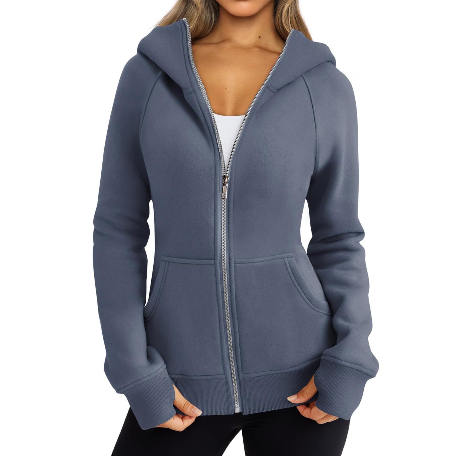 Womens Zip Up Hoodies Fleece Cropped Hooded Sweatshirts Long Sleeve Coat Outfit Teens Preppy Clothes XX-Large Blue