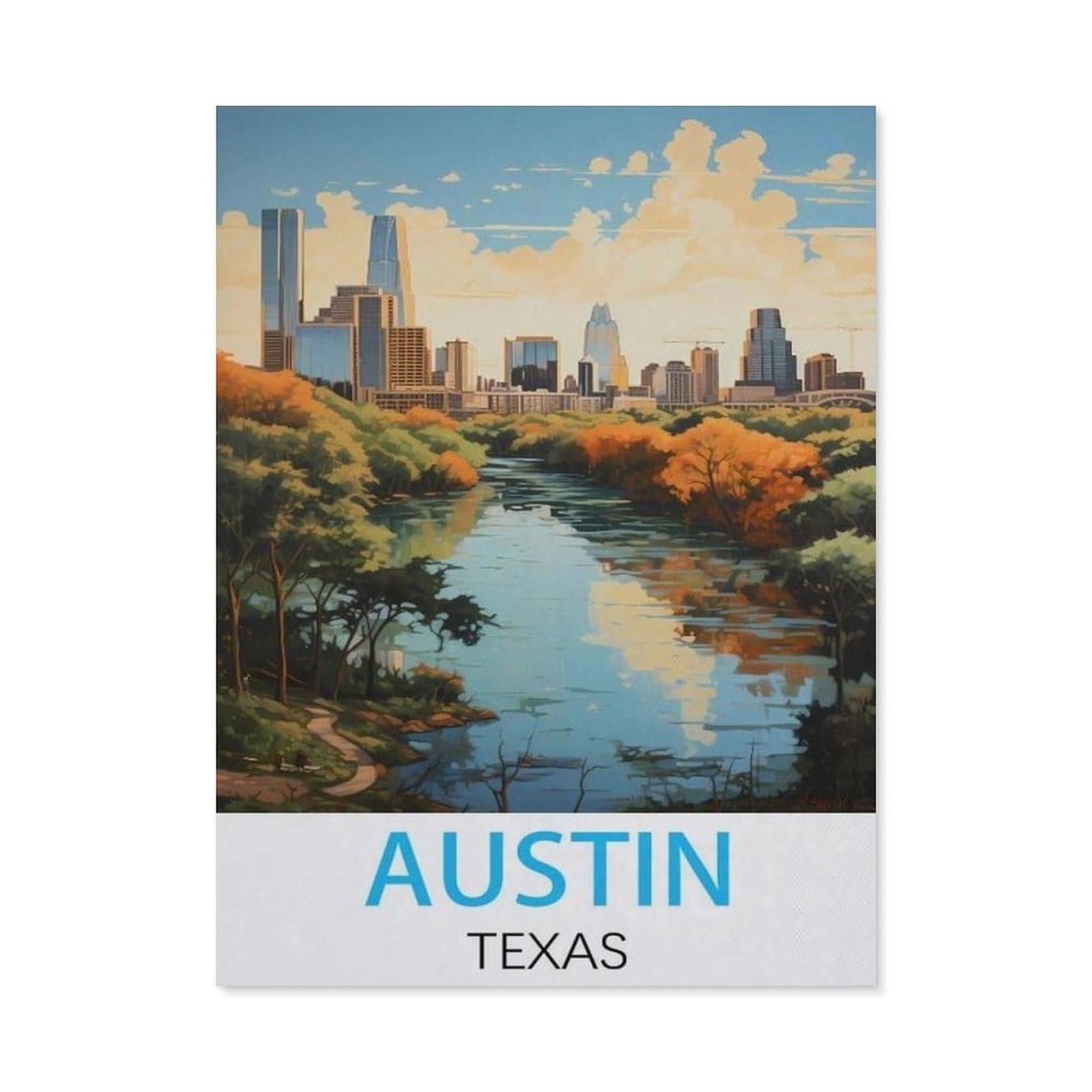 Beayodkp （30 X 40 Cm/11.81 X 15.74 Inches） 5D Diy Diamond Painting Kit，Austin Texas Vintage Travel Poster，Crystal Mosaic Full Drill Round Diamond Painting Embroidery Accessories-Ch85