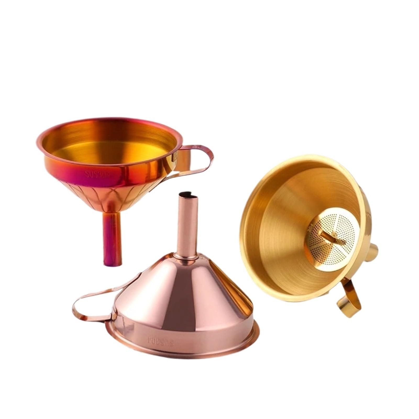 Embudo metálico de acero inoxidable, Embudo de acero inoxidable for colgar, utensilio de cocina, 10,7 cm, multicolor(Gold)