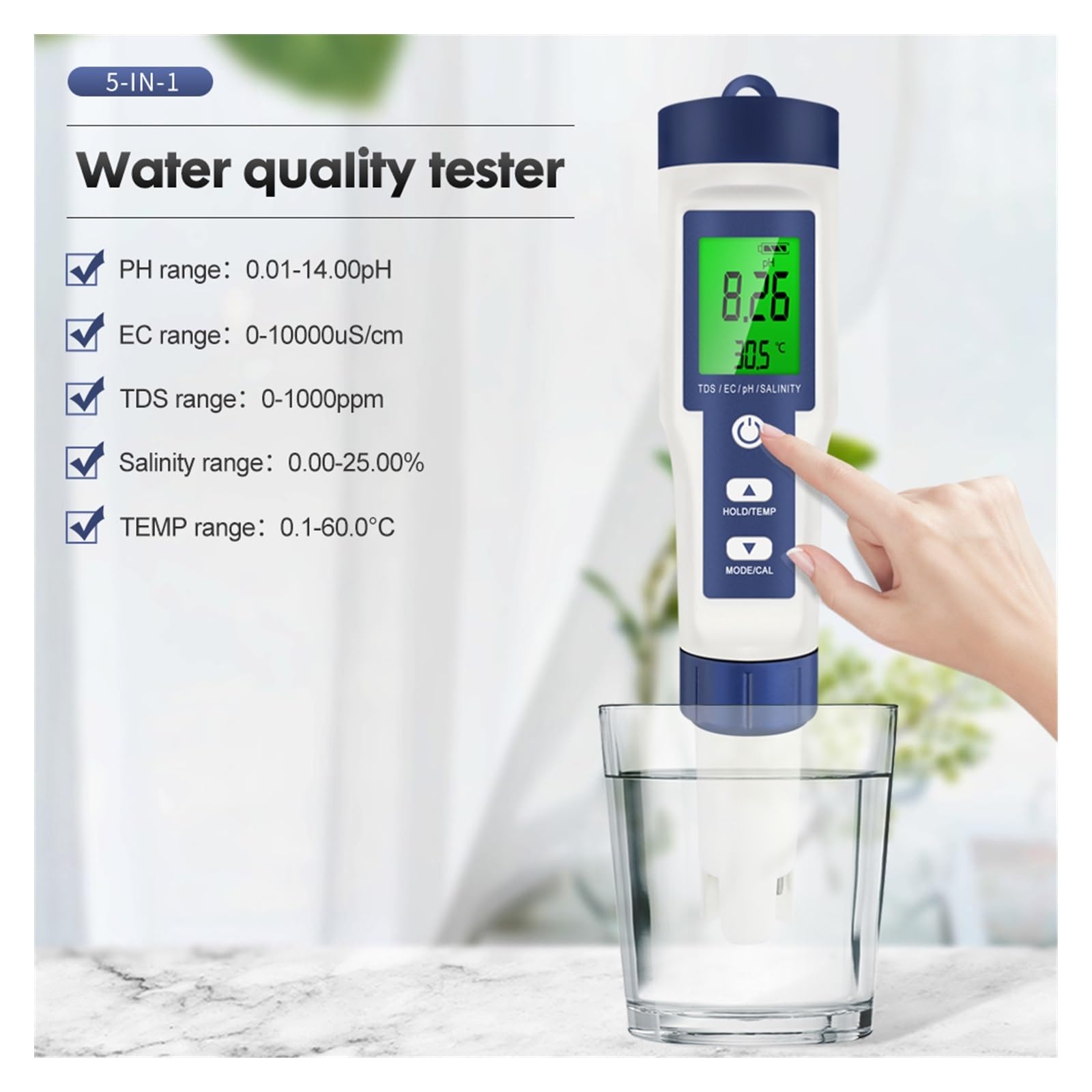 Tester miernika PH, 5 w 1 cyfrowy miernik PH TDS EC tester temperatury zasolenia przewodność filtr wody pióro czystości z podświetleniem,Woda pitna, Hydroponika, SPA, Browarnictwo(With backlight)