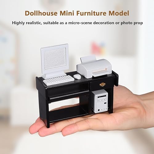 Miniatura 3 de NUOBESTY Juego de muebles de oficina en miniatura para casa de muñecas 1:12, escritorio y silla negros con computadora, ratón, teclado, impresora