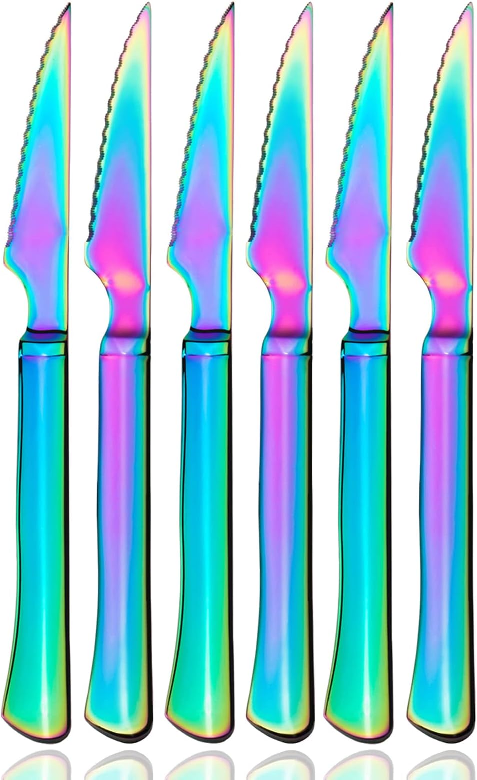 culter Multi-color Ultra-Sharp Serrated Solid Handle Steak Knives, Colorful Silverware Flatware Cutlery Set of 6-Piece, Iridescent Stainless Steel Utensils, Dishwasher Safe (Mirror Rainbow)